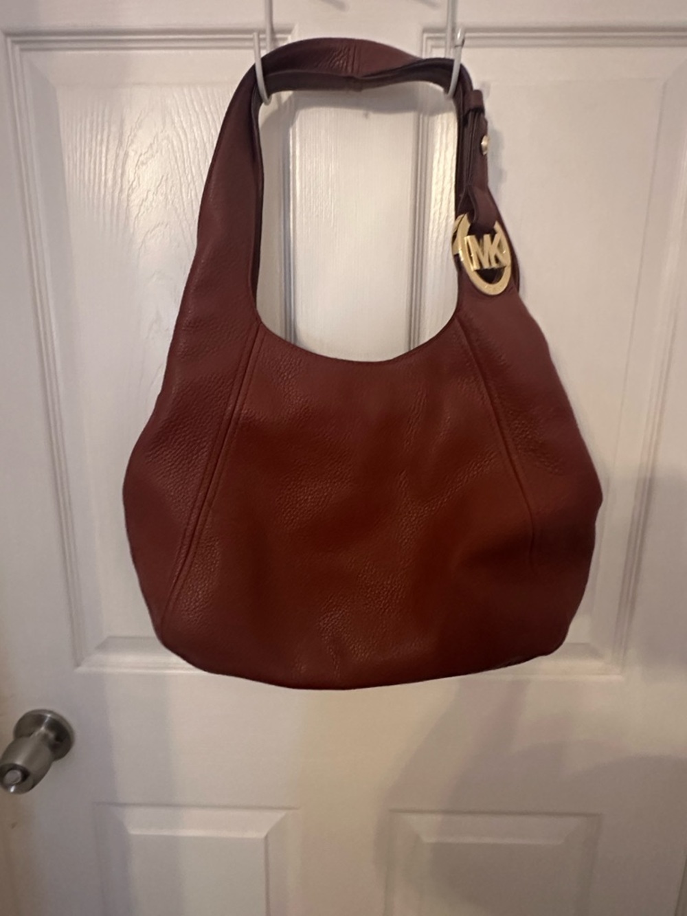 Michael Kors Chestnut Pebbled Leather Hobo with Gold MK Charm